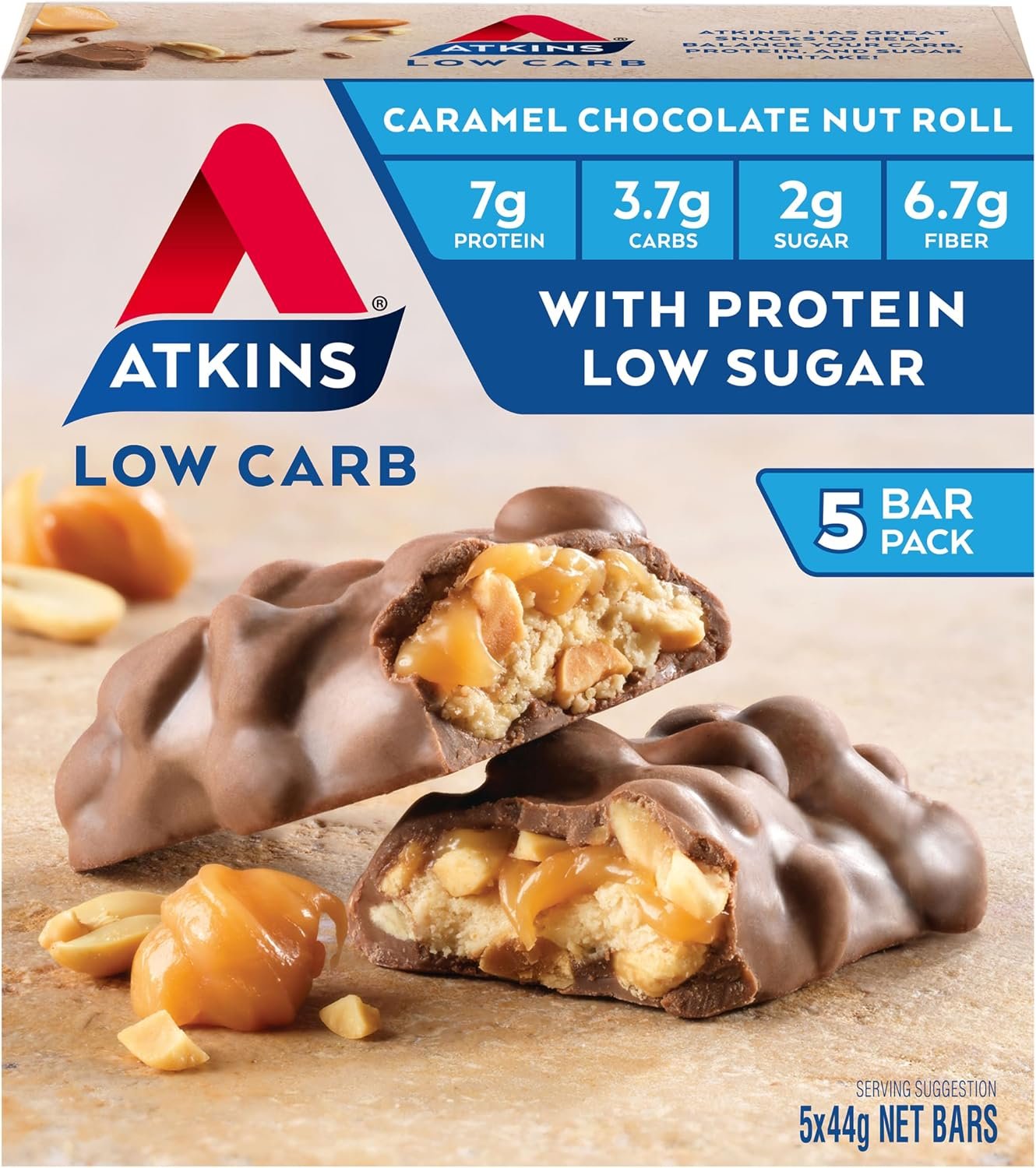 Atkins Caramel Chocolate Nut Roll Snack Bar 5 Pack - Image 2